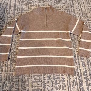 Men's Brown and White Striped Zip-Up Sweater